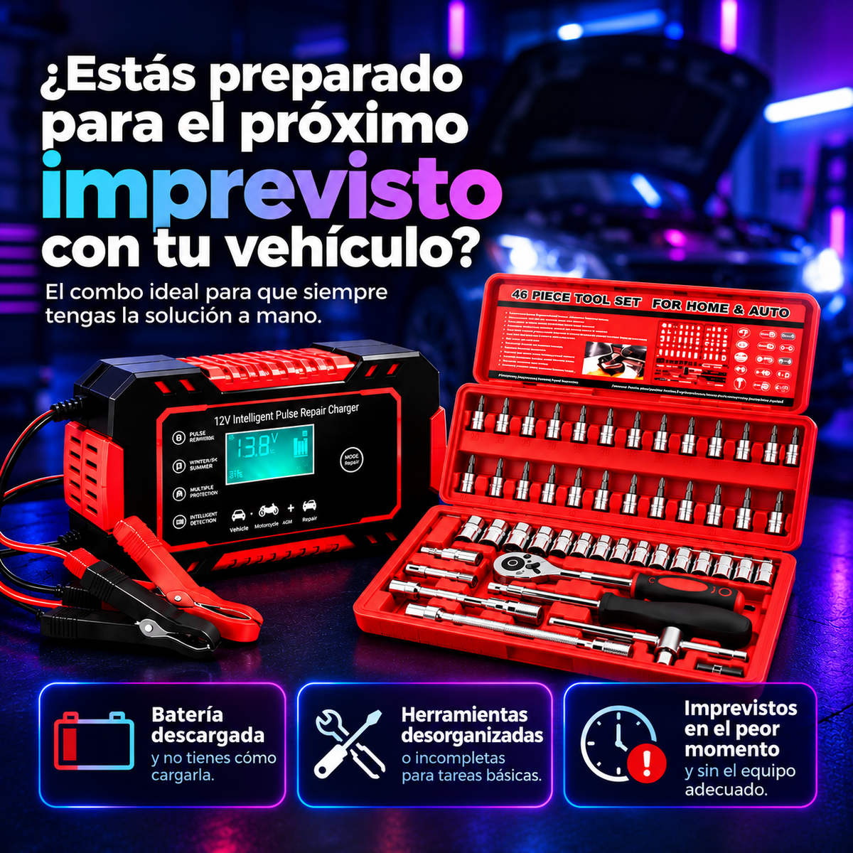 VoltForge Pro™ – Cargador Inteligente 12V + Juego de 46 Herramientas