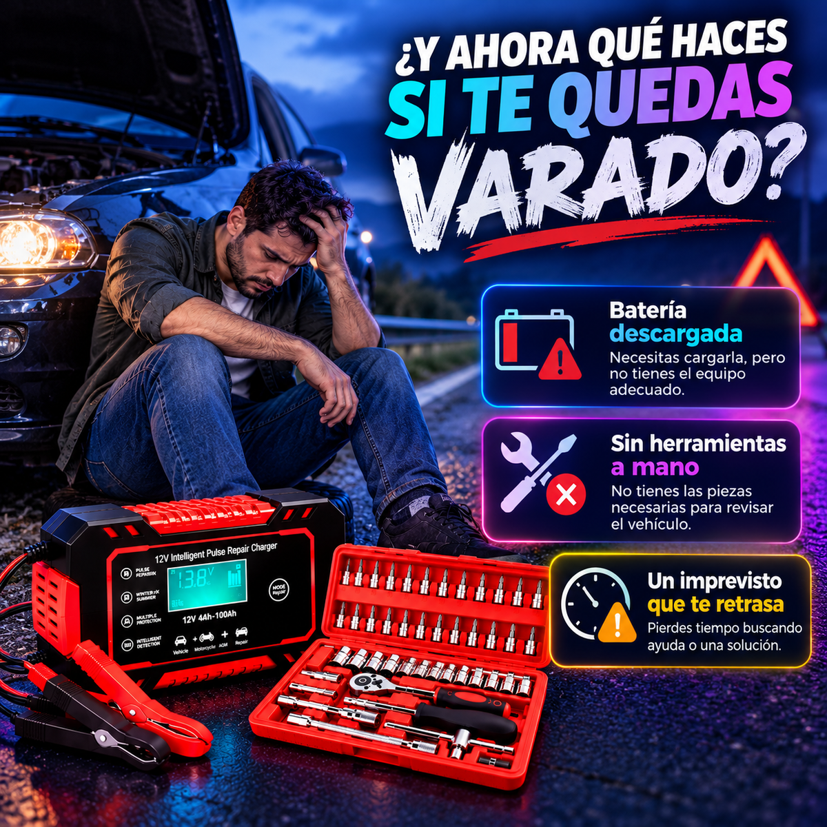 VoltForge Pro™ – Cargador Inteligente 12V + Juego de 46 Herramientas