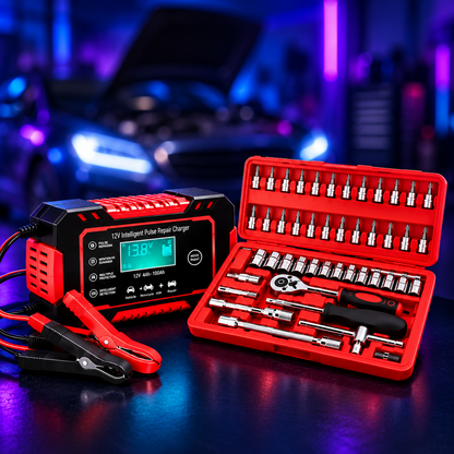 VoltForge Pro™ – Cargador Inteligente 12V + Juego de 46 Herramientas