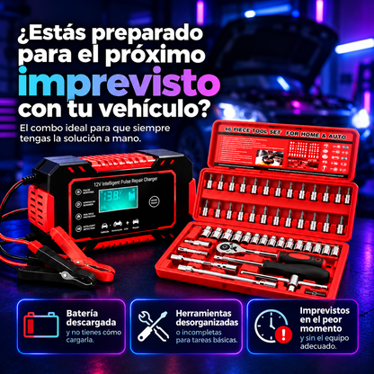 VoltForge Pro™ – Cargador Inteligente 12V + Juego de 46 Herramientas