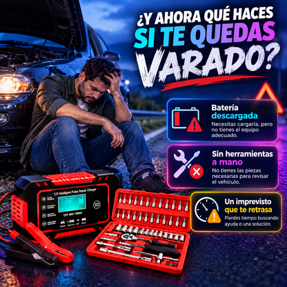 VoltForge Pro™ – Cargador Inteligente 12V + Juego de 46 Herramientas