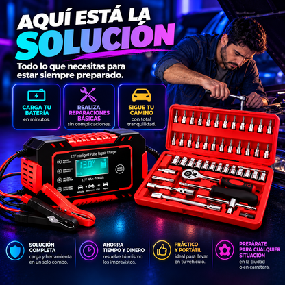 VoltForge Pro™ – Cargador Inteligente 12V + Juego de 46 Herramientas